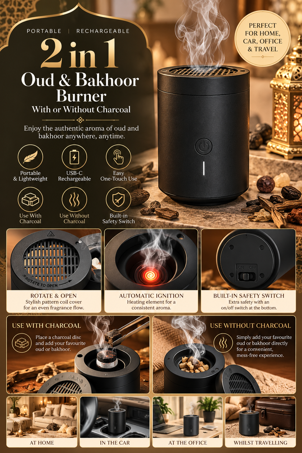 2-in-1 Portable Rechargeable Oud & Bakhoor Burner – Charcoal & Charcoal-Free (BK-108)