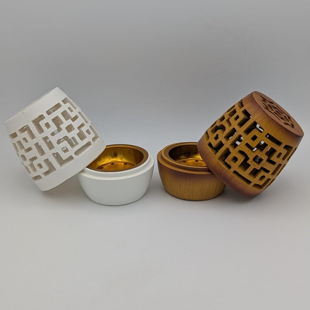 Modern Geometric Arabic Oud & Bukhoor Charcoal Burner – Wood-Grain or White Finish